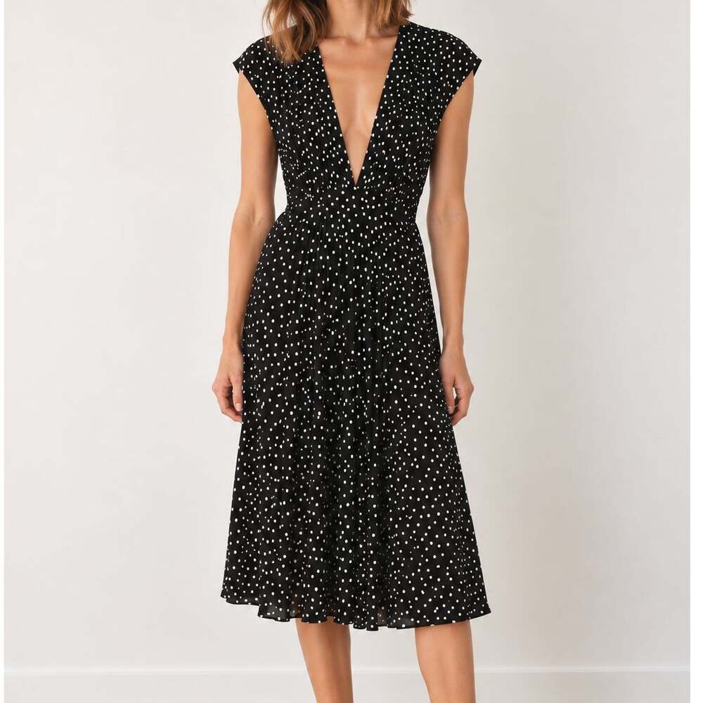 White House Black Market Black White Polka Dot Deep V-Neck Midi Dress Size 8